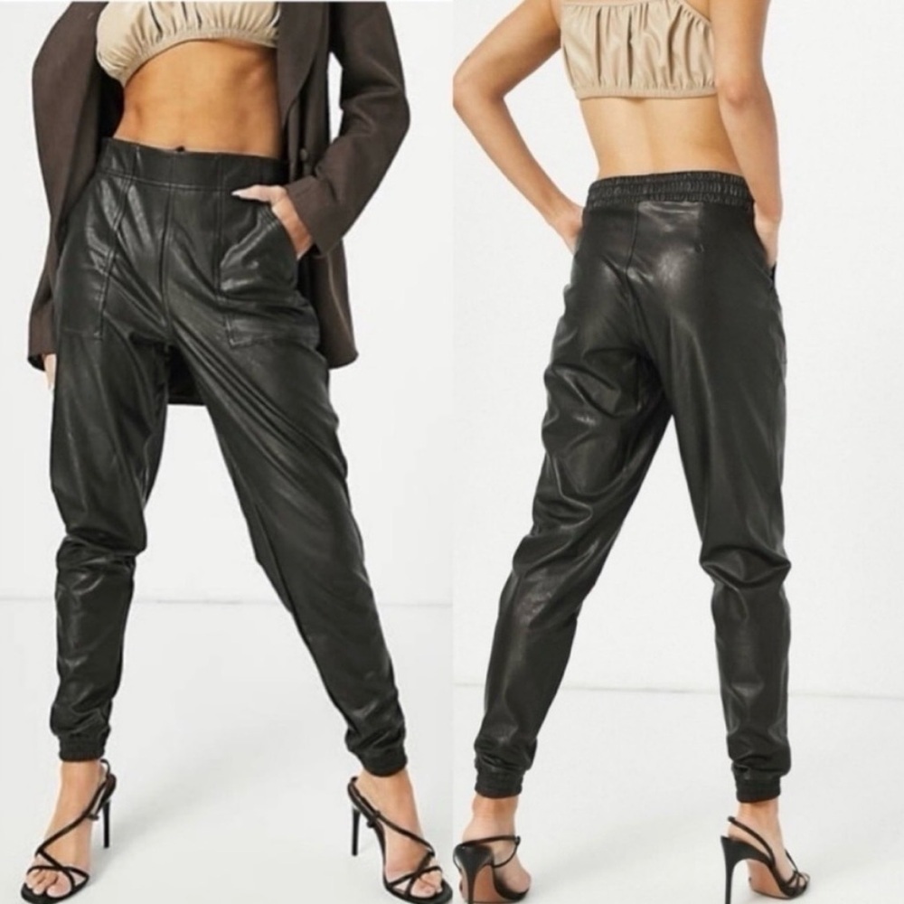 SPANX Black Leather-Like Jogger Pants Size XS High Waisted Pockets Tapered